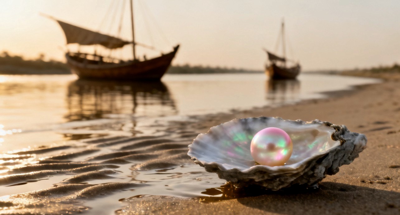 A perfect pearl in an open oyster shell, dhows on Dubai Creek beyond