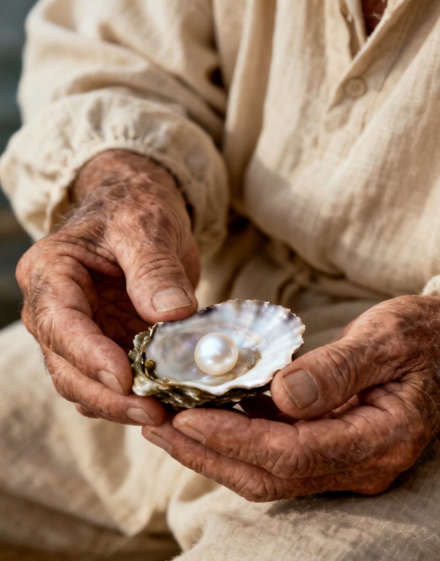 A pearl diver's hands holding an opened shell